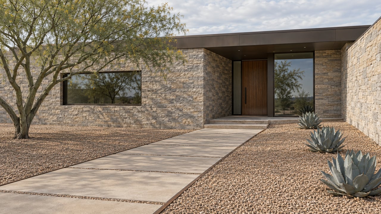 Low stone-and-glass home behind a wide gravel forecourt, with large pavers leading to a recessed walnut entry and sculptural desert planting.
