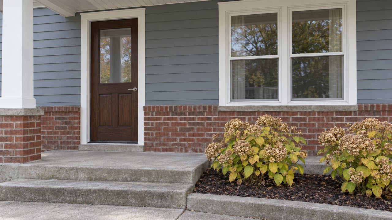 Covered entry with a closed oak door, blue-gray lap siding, brick wainscoting and worn concrete steps beside two autumn hydrangeas.