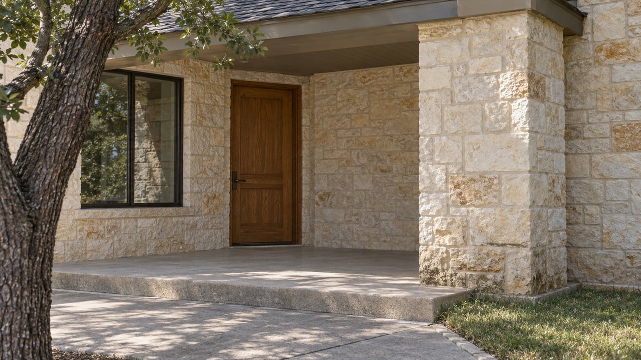 Close view of a pale limestone entry porch with an oak door, bronze-framed window and weathered concrete approach beside a mature post oak.