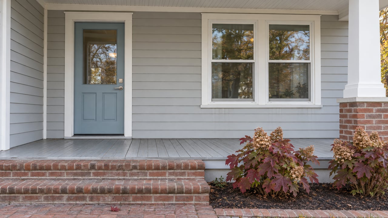 Pale blue glazed front door and paired white windows above a weathered gray porch, with brick steps and burgundy oakleaf hydrangeas.