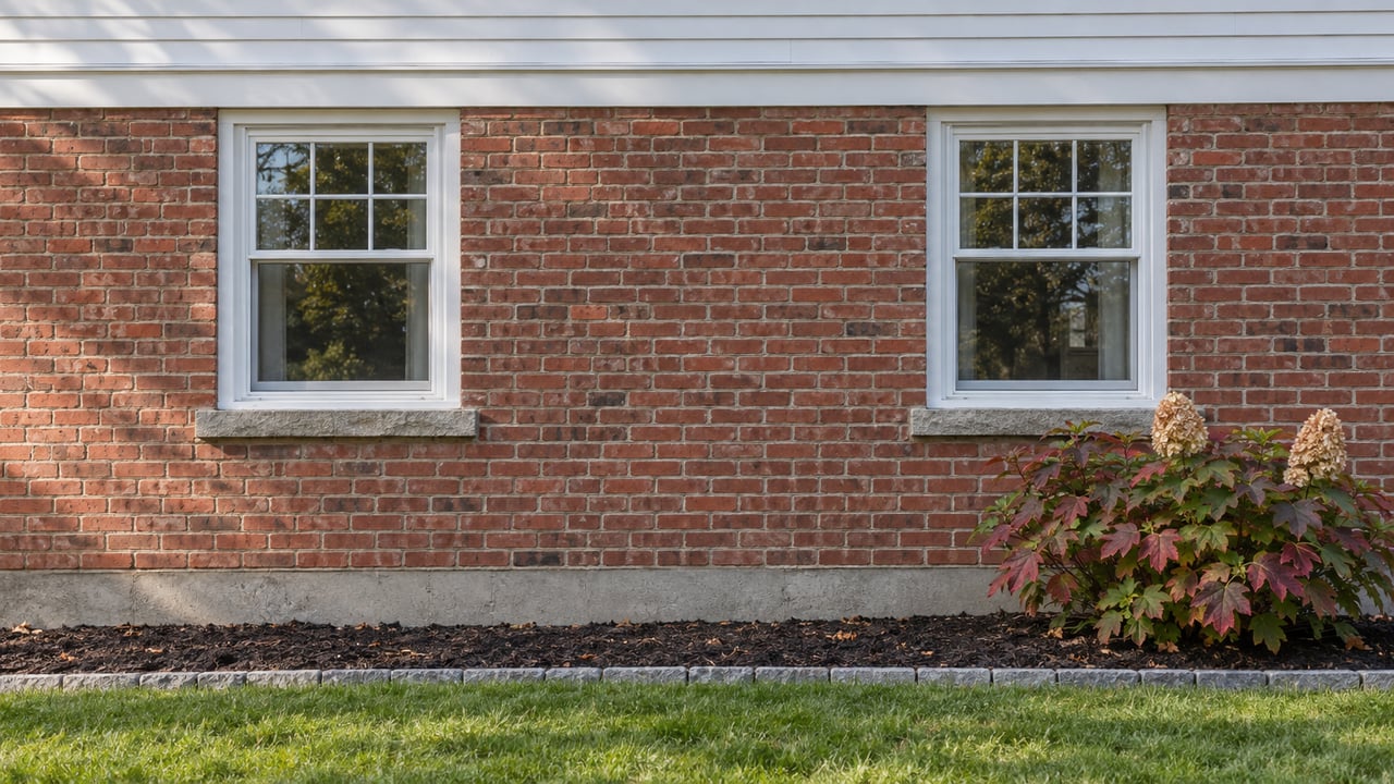 Autumn light on two white-framed windows in a red-brick house, with white clapboard above and burgundy oakleaf hydrangea beside the lawn.