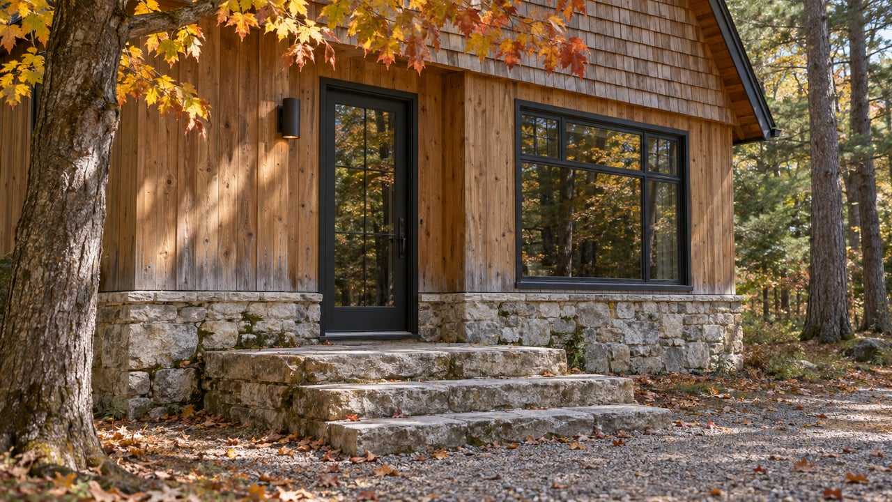Woodland home entrance with cedar siding, dark-framed door, limestone steps beneath autumn maple leaves.