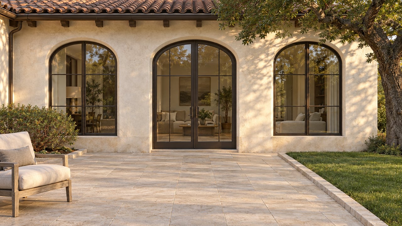 Evening light across a limestone garden terrace, teak lounge chair and three glazed arches in a pale stucco home.