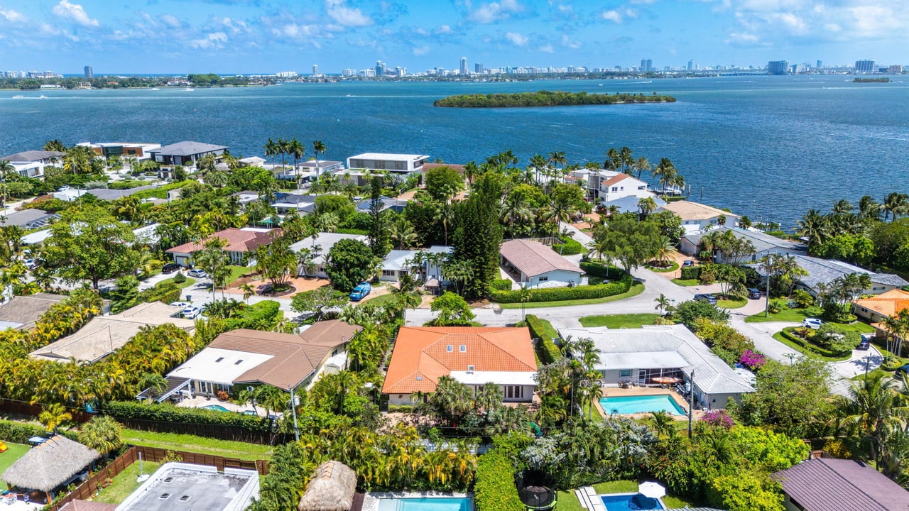 Aerial view of waterfront homes and palm trees, with a green island and distant city skyline across the bay.