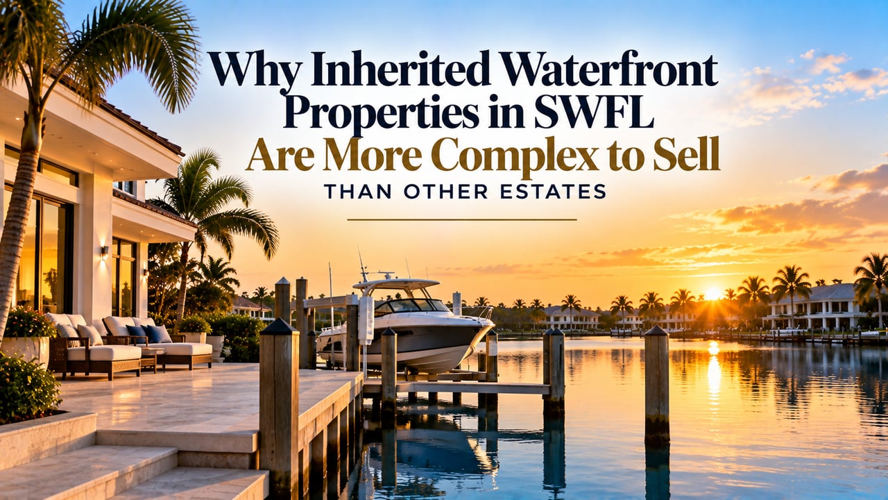 Luxury Southwest Florida waterfront estate home at sunset featuring a private boat dock, motorboat, seawall, and tropical landscaping, illustrating the complexities of selling inherited waterfront property during Florida probate, including dock inspections, seawall condition, flood insurance, and estate sale preparation in Naples, Fort Myers, and Cape Coral.