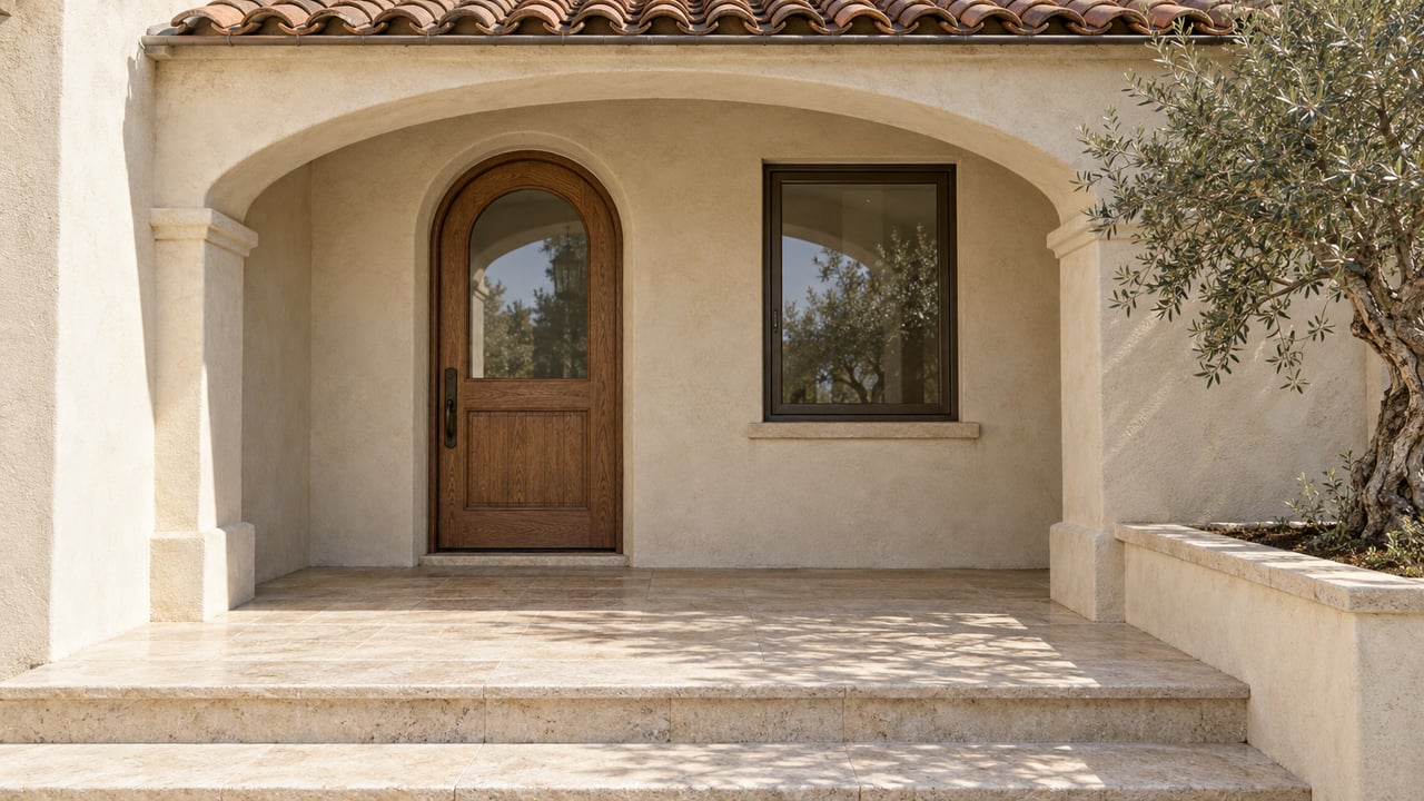 Arched stucco entrance with an oak and glass front door, bronze window, travertine steps and a sculptural olive tree in a raised planter.