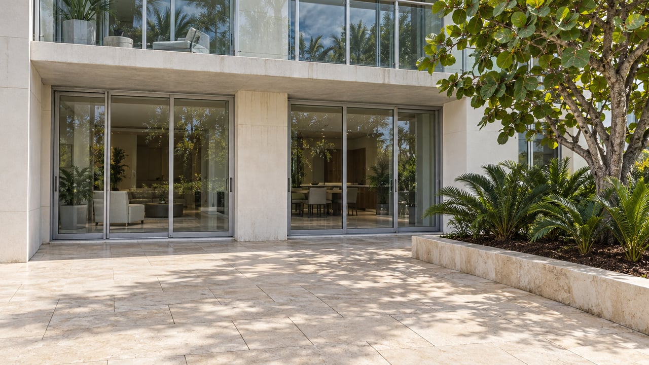 Sunlit limestone approach beside a white condominium facade, closed glass doors and a raised bed with a sculptural sea grape tree.