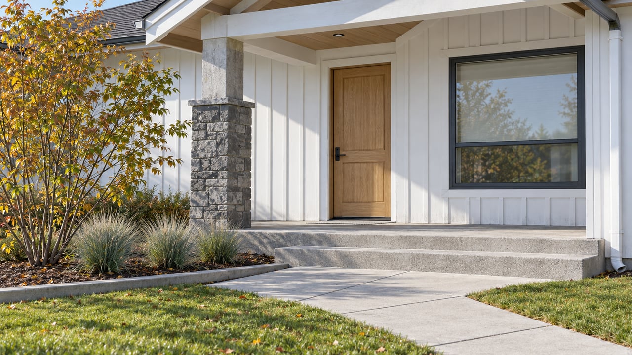 White board-and-batten home entry with a basalt porch post, oak door, concrete steps and autumn planting.