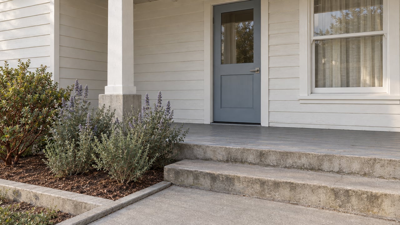 White wood-sided home with a blue-gray glazed front door, shaded porch, concrete steps and silver-green planting beside the approach.