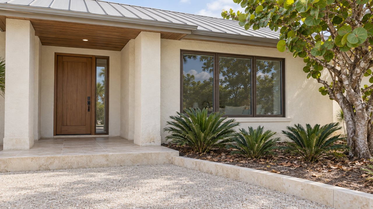 Ivory stucco home with a covered wood-door entry, bronze-framed windows, shell-aggregate approach and a mature sea grape tree.
