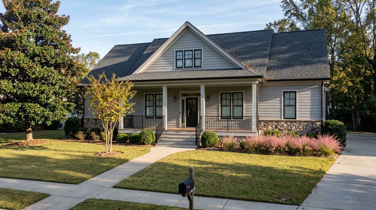 Dove-gray suburban home with a silver-shingle gable, blue-green porch ceiling, and pink muhly grass along the front bed.