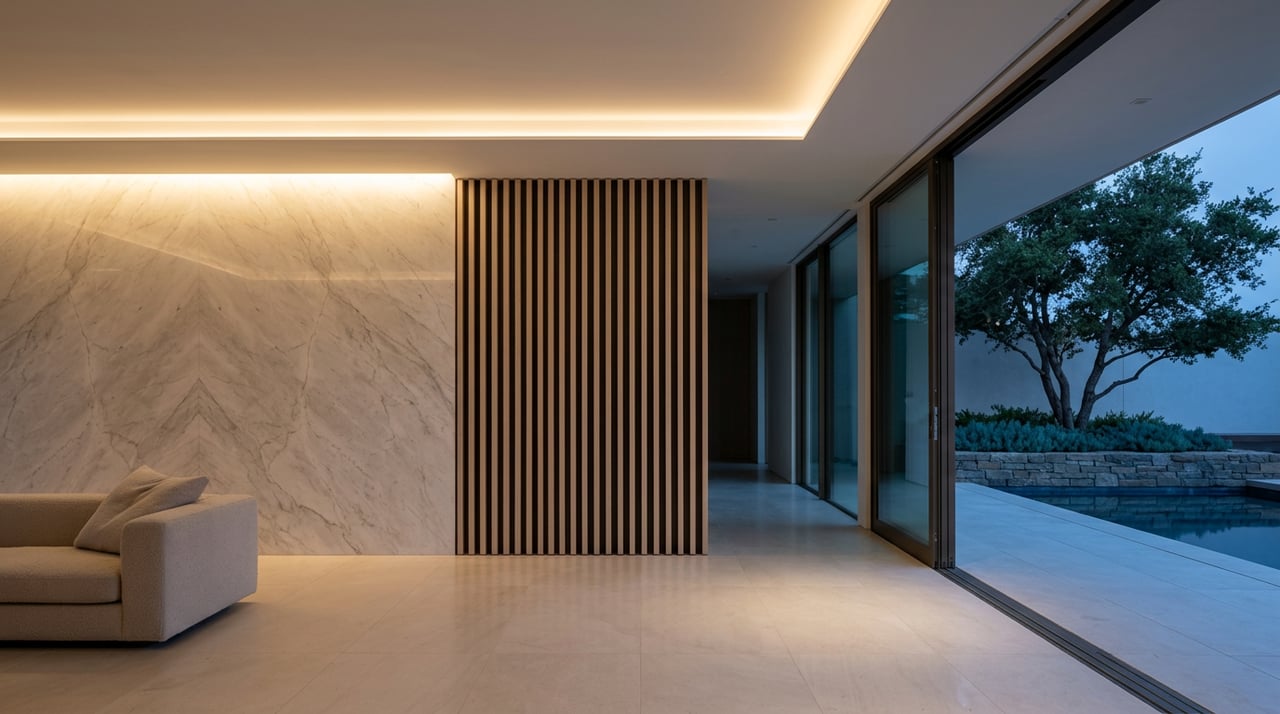Dusk-lit living room with a veined marble wall, oak slat partition, and glass doors opening onto a pool deck.