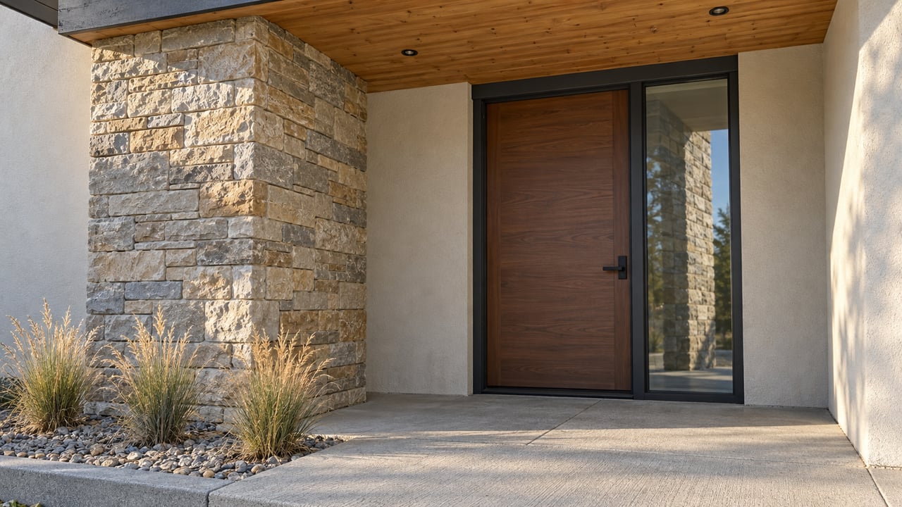 Sheltered home entrance with a wood-lined canopy, textured stone pier, walnut door and three ornamental grass clumps beside a concrete landing.