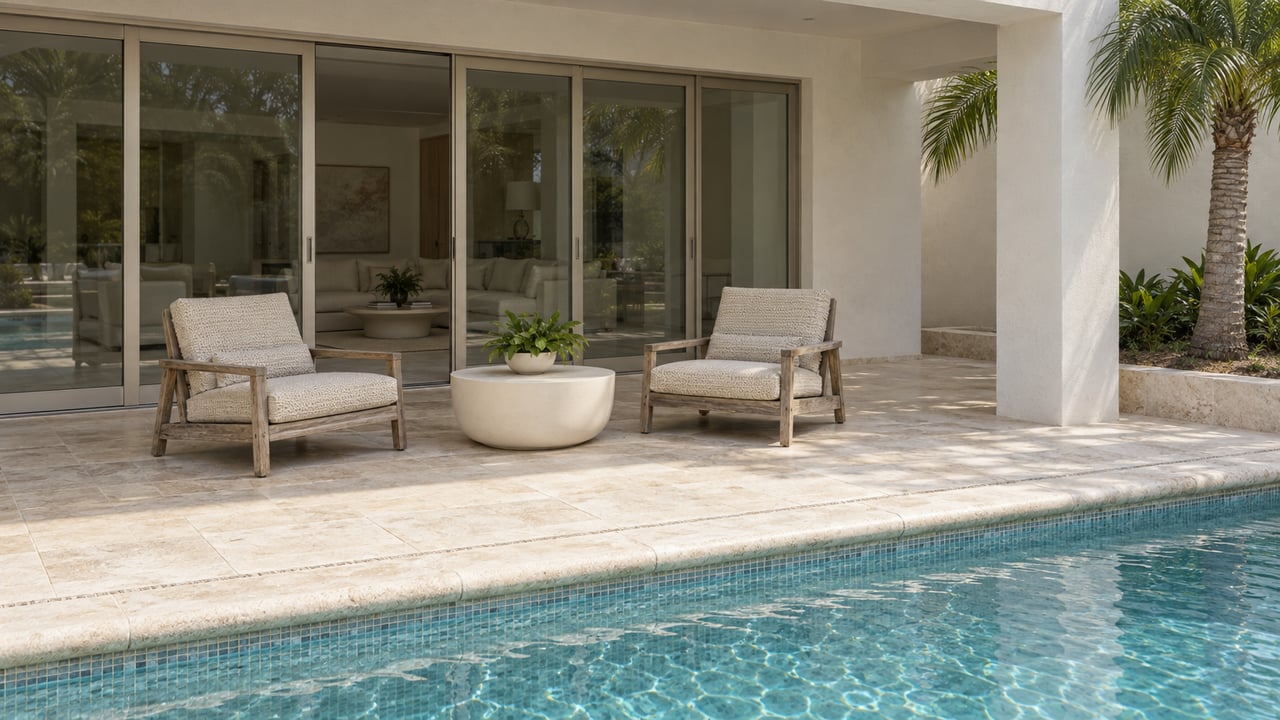 Poolside loggia with pale stucco, limestone paving, teak lounge chairs and closed glass doors.