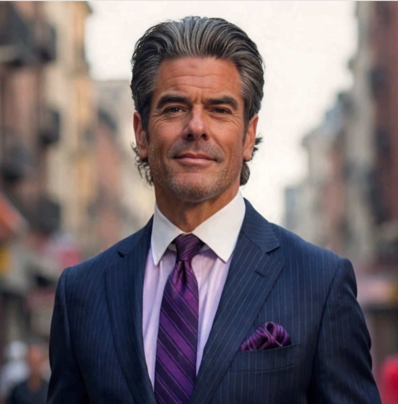 Man in a navy pinstripe suit and purple tie against a blurred city street.