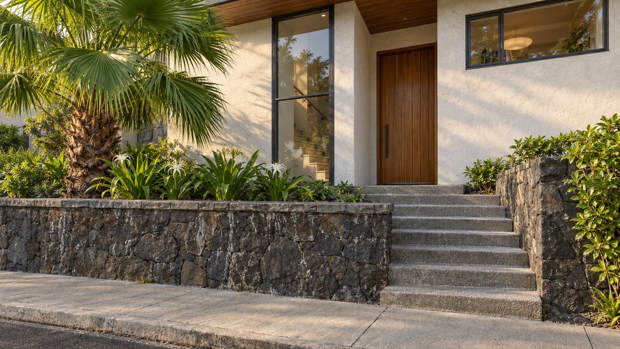 Hillside home with a recessed teak door, concrete steps, dark stone retaining wall, and palm.