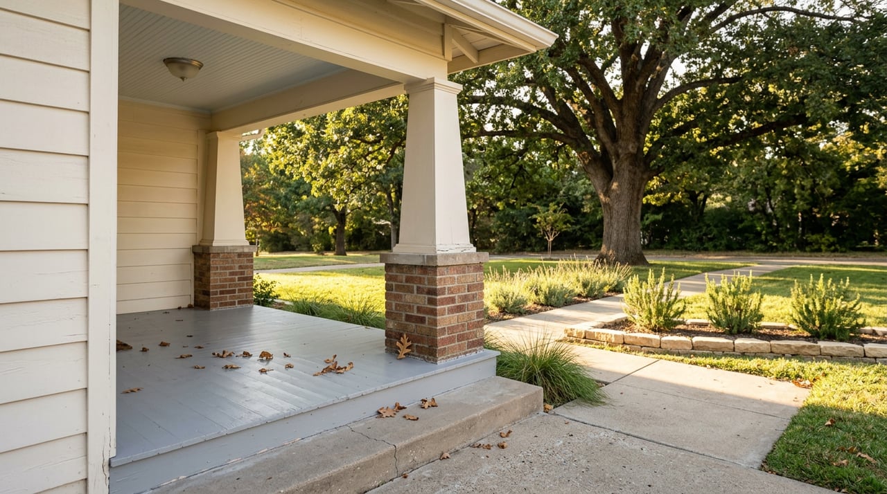Front porch with gray floor and brick pier overlooks a sunlit lawn, lavender, and mature oak tree.