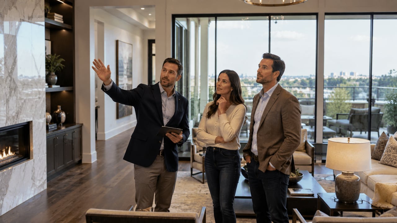 Real estate professional discussing luxury home features with buyers inside an upscale property, illustrating the factors that determine luxury home value in Nashville and Knoxville, Tennessee.