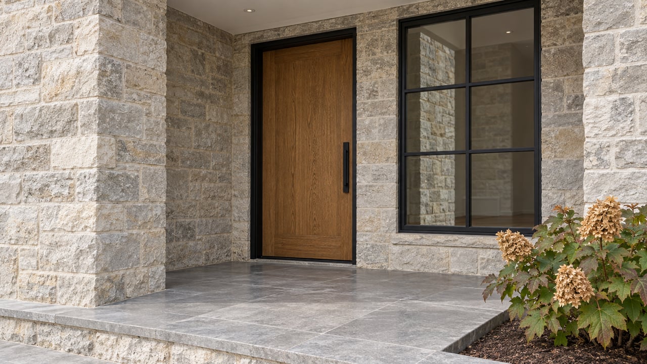 Close view of a limestone home entrance with an oak door, black-framed window and stone landing beside an oakleaf hydrangea.