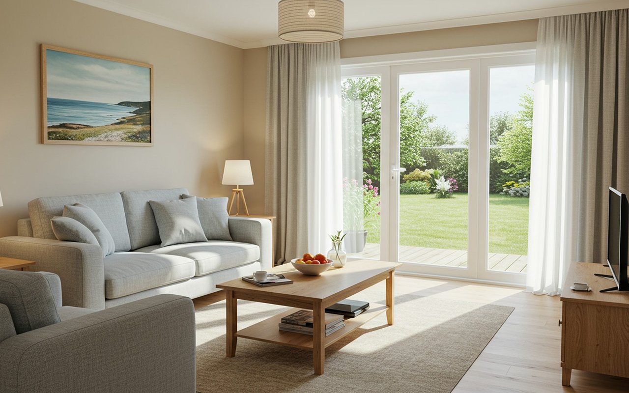 Furnished living room with gray sofas and sliding glass doors opening onto a garden