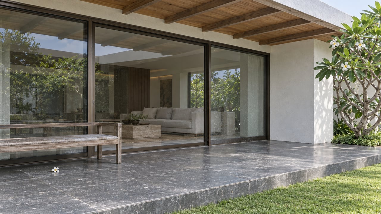 Covered veranda with timber soffit, basalt paving and a weathered teak bench outside a glass-enclosed living room, beside a white-flowering plumeria.