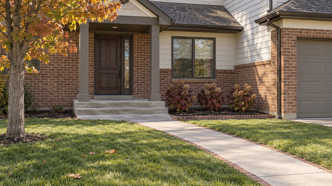 Autumn sunlight across a brick-and-cream-sided home entrance, concrete walkway and broad lawn with a maple and oakleaf hydrangeas.