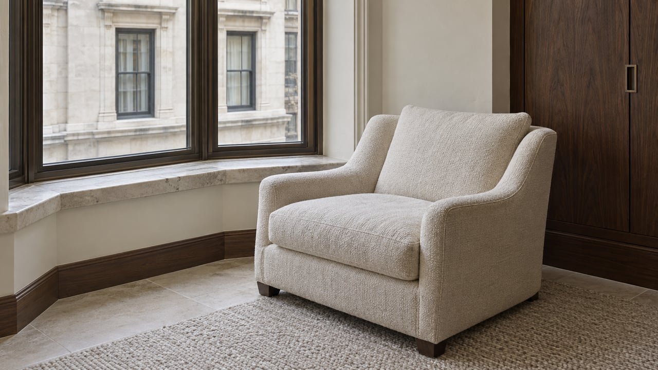 Cream wool lounge chair beside a deep limestone window sill, with dark bronze glazing, walnut cabinetry and pale stone flooring.