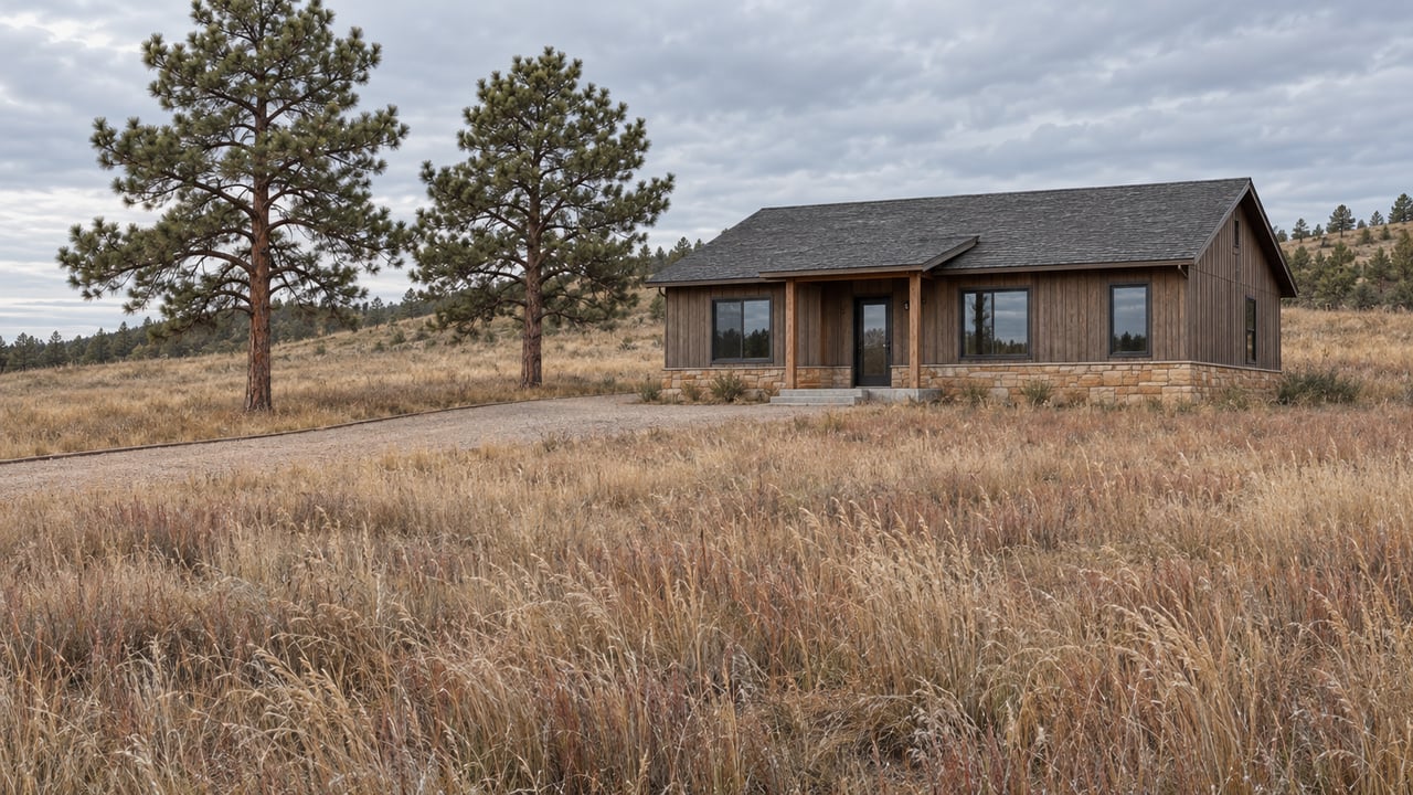 A timber-sided single-story home beyond dry autumn meadow grasses, with two mature pines beneath a layered gray sky.