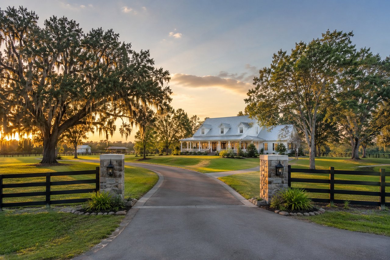 White country home beyond a curved driveway, framed by mature trees and a black fence at sunset.