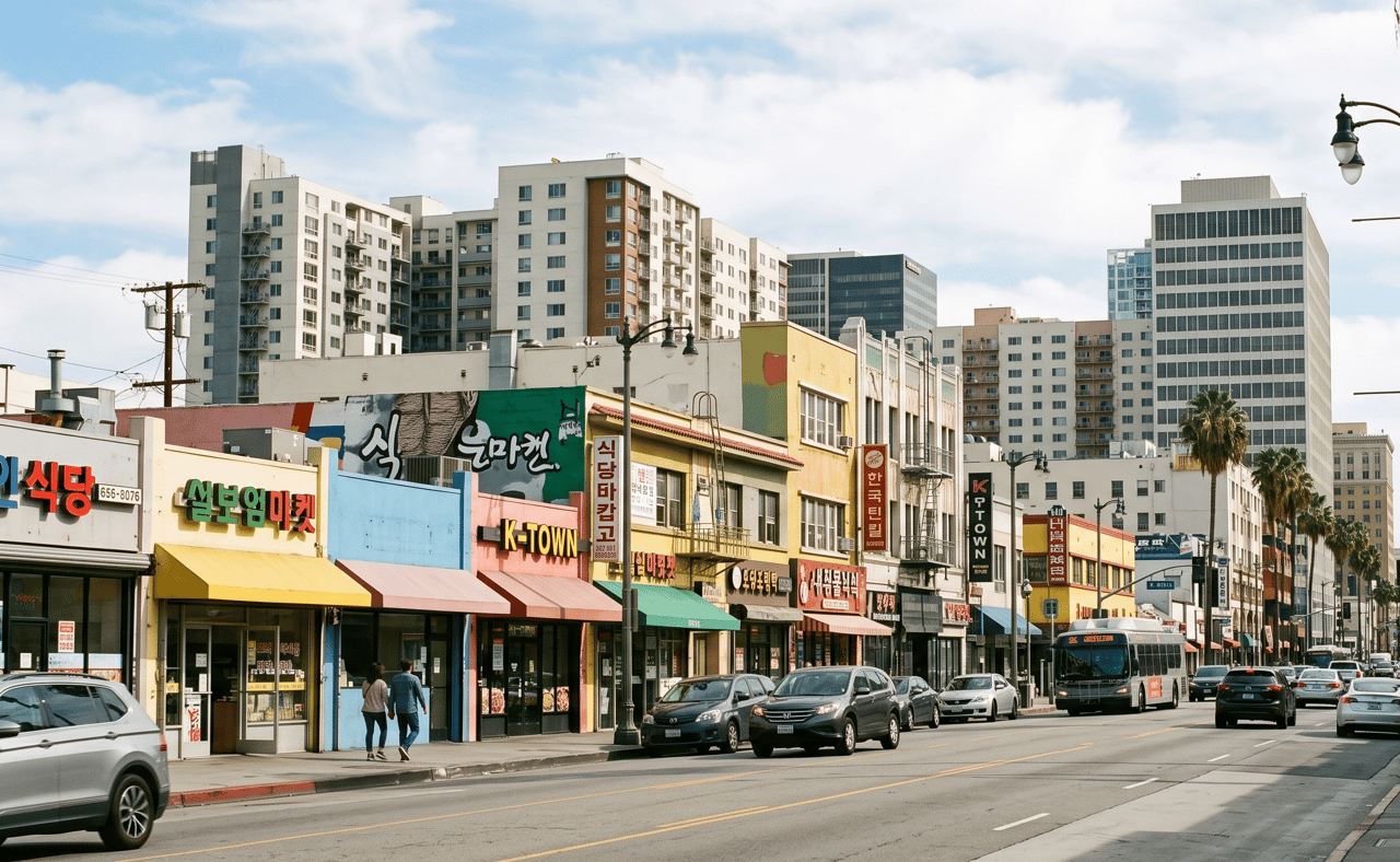 Koreatown shopping street with Korean storefronts, apartment buildings, and traffic.