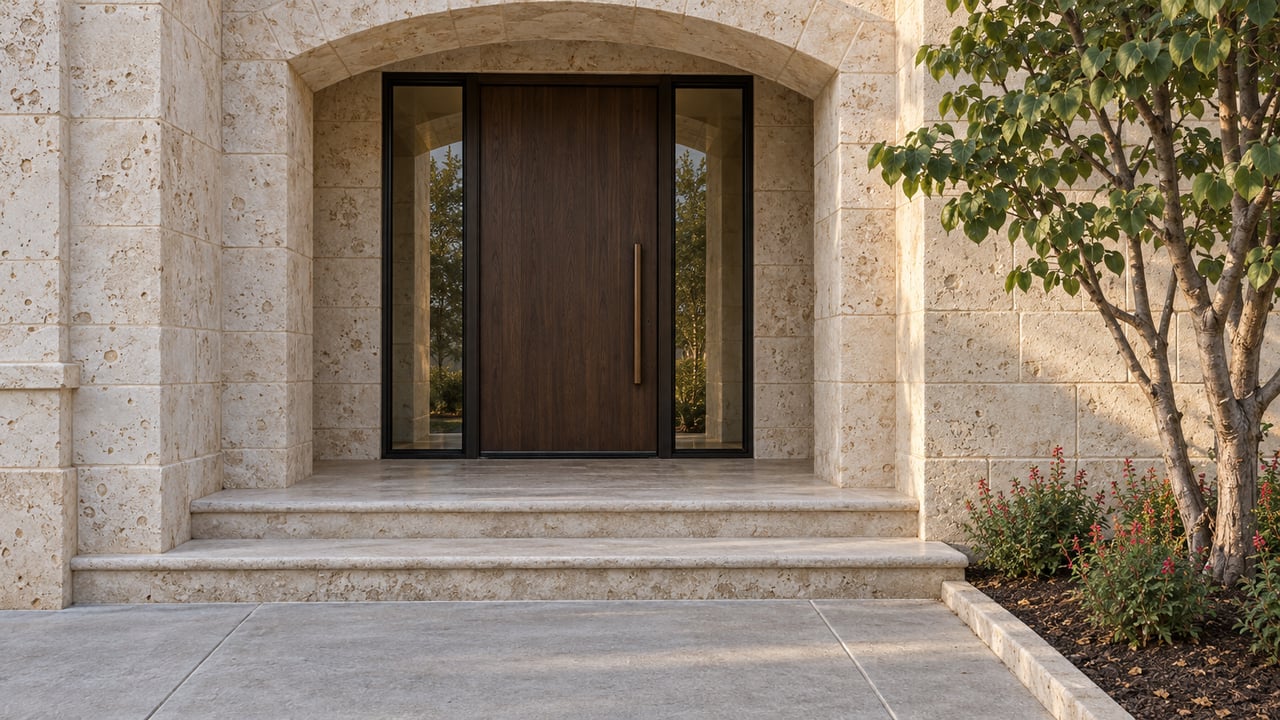 Cream limestone home entrance with a dark oak door, paired glass sidelights and broad stone steps beside a redbud tree.