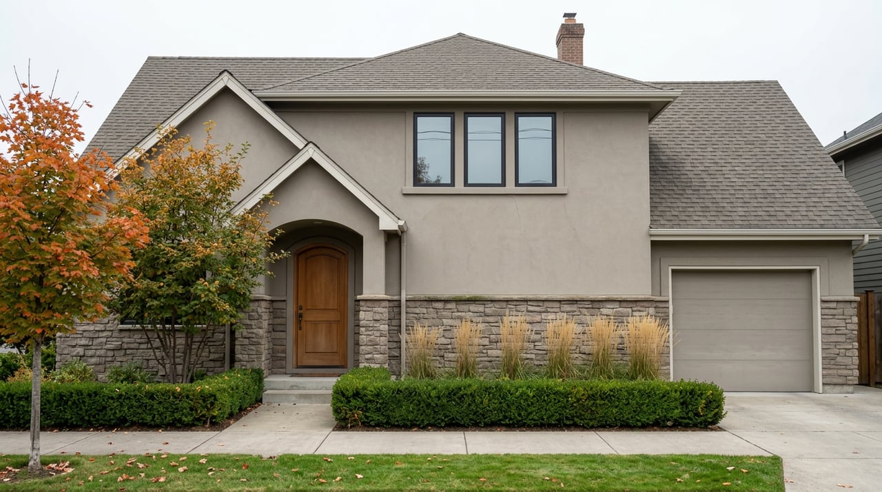 Two-story stone-and-stucco home with an arched entry, attached garage, and autumn trees.
