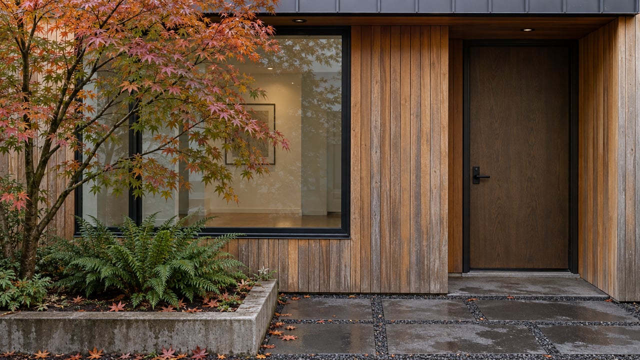 Contemporary townhouse with a cedar facade, black-framed window, recessed oak door, and rust-green Japanese maple.