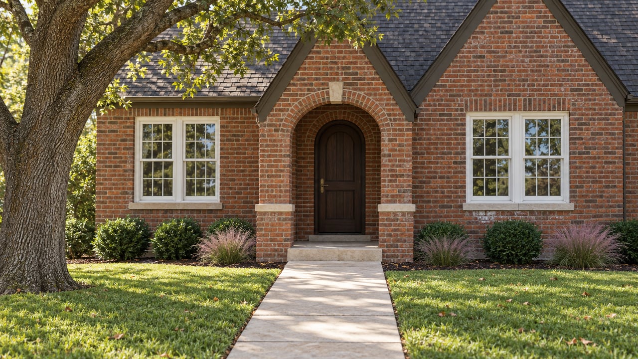 Red-brick Tudor-style entry with an arched porch, dark wood door, limestone walk, and mature oak.
