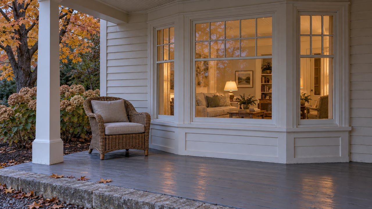 An off-white clapboard home's covered porch at dusk, with a wicker chair, divided-light bay windows, gray floorboards and amber maple foliage.