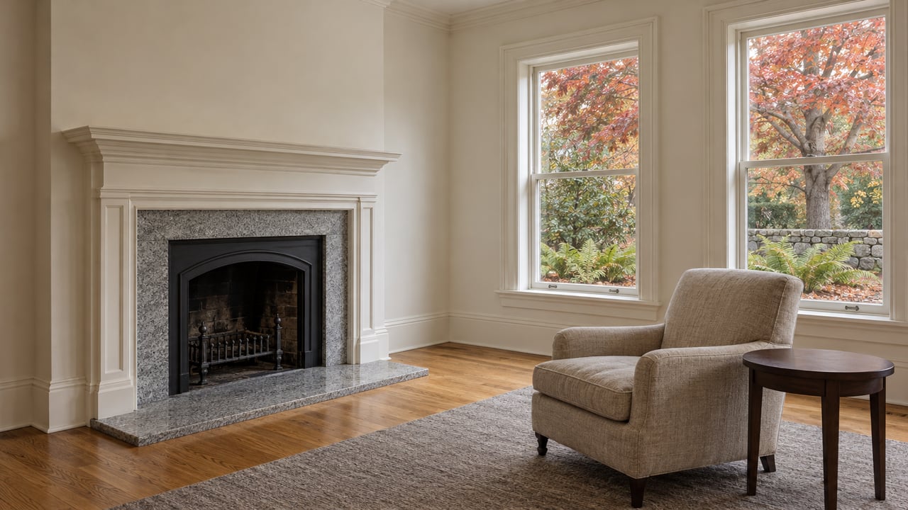 Quiet sitting room with a painted fireplace mantel, linen armchair, oak floor and windows overlooking red autumn maple foliage.