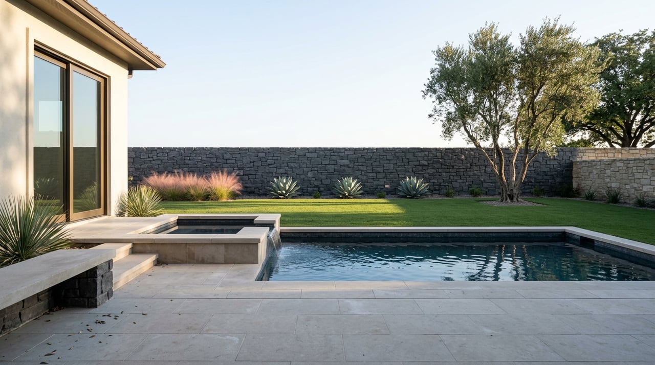 Private terrace with a limestone bench, dark pool and raised spa, lawn, stone wall, and multi-trunk olive tree.