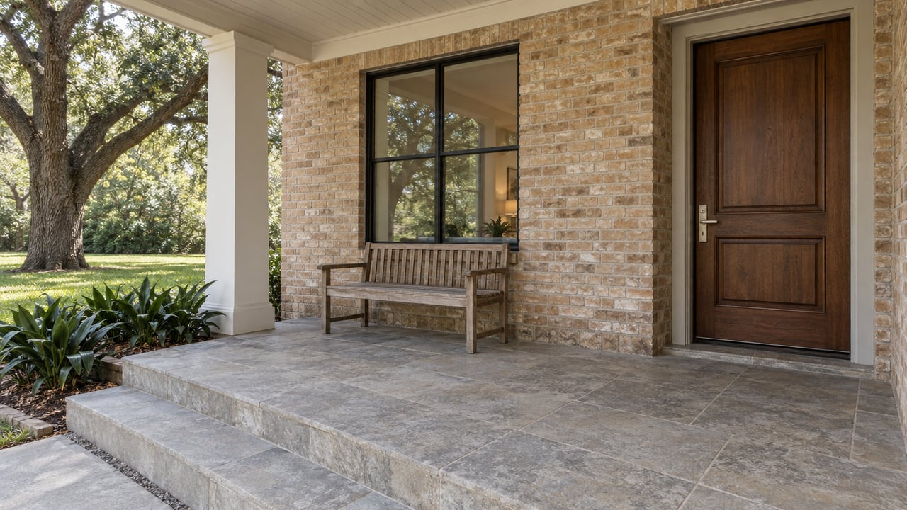 Covered brick entry with a walnut door, black-framed window, teak bench and limestone paving beside an oak-shaded lawn.