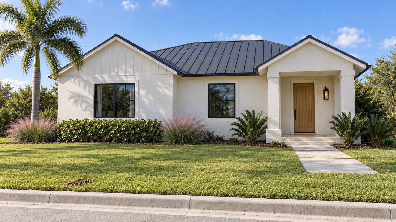 Single-story stucco home with a charcoal gable roof, covered porch, palm, and landscaped lawn.