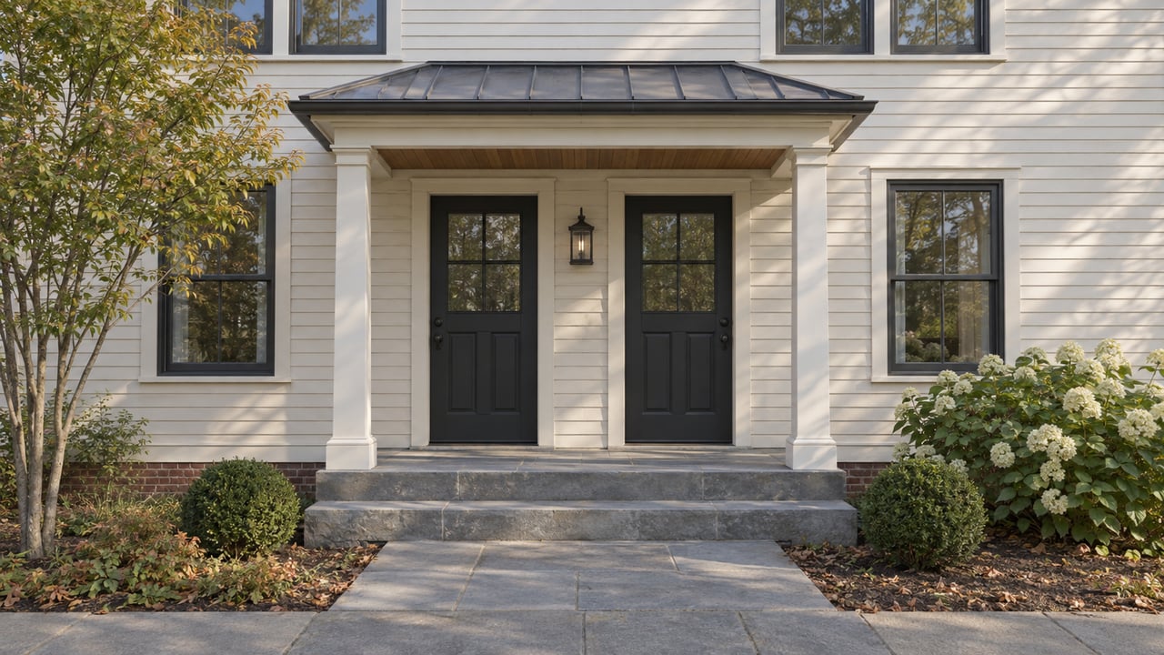 Two-family house with paired charcoal doors beneath a portico, flanked by sash windows and small planting beds.