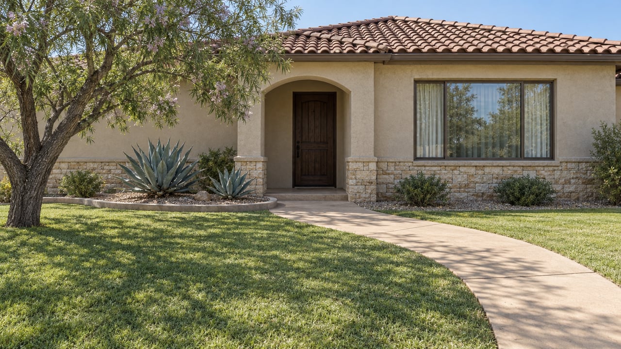 Sunlit stucco home with a reddish tile roof, arched entry, deep front lawn, desert willow and two agaves.