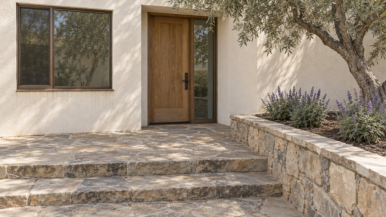 An ivory stucco entrance with an oak door, bronze-framed glazing, worn sandstone steps and a stone planter holding an olive tree and three flowering sage plants.