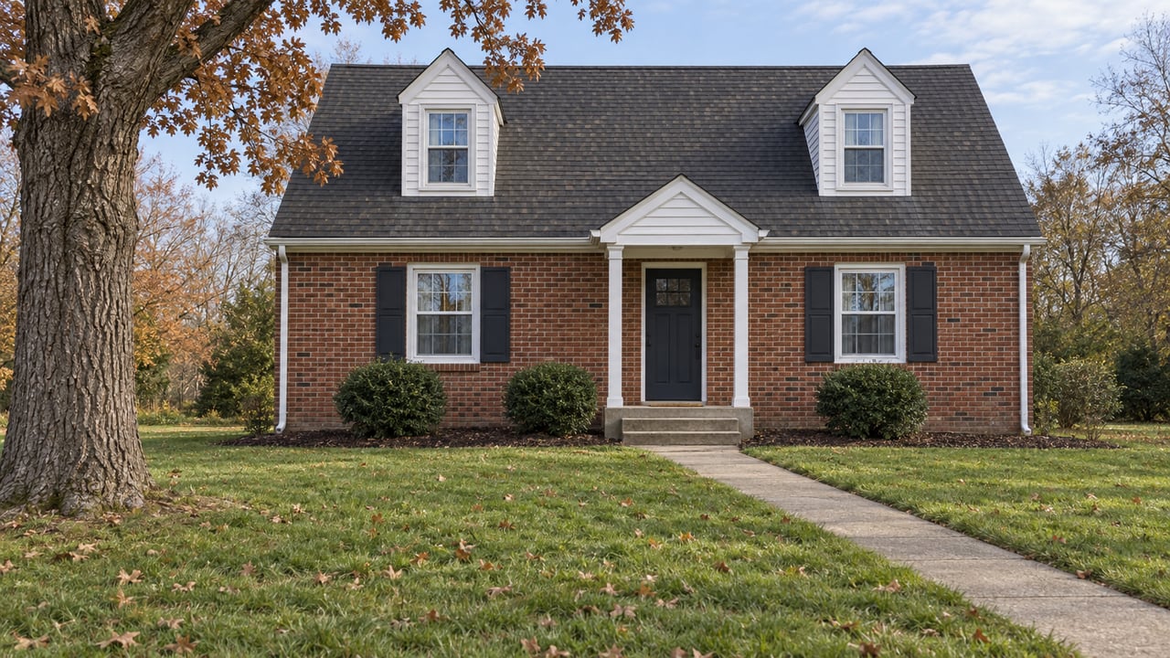 Brick home with two dormers, dark shutters and a concrete front walk across an autumn lawn beneath a mature oak.