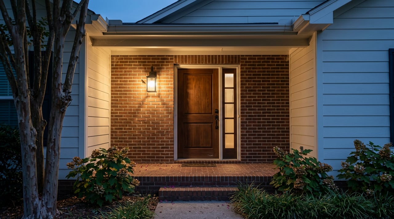 Brick porch entry with a walnut-stained door, glowing sconce, and crepe myrtle petals on the steps.