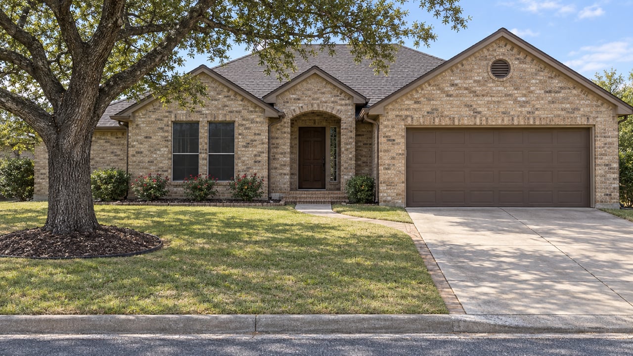 Sandy brick single-story home behind a deep autumn lawn, with a spreading live oak and a gently curving front walk.