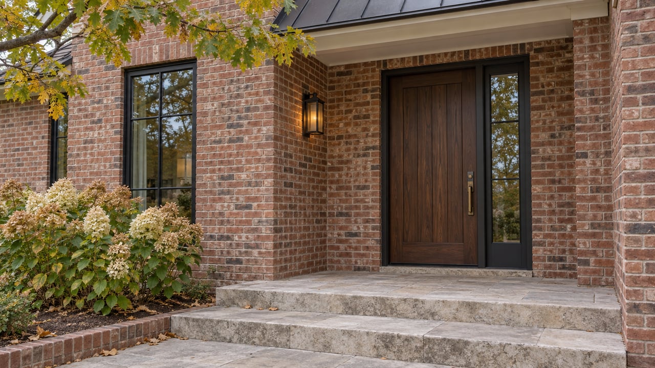 Recessed walnut door in a red-brown brick entry, above broad limestone steps and beside hydrangeas.