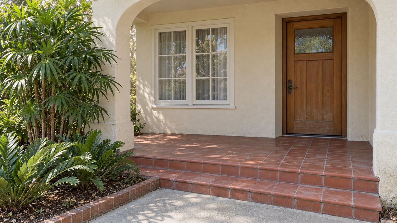 Cream-stucco bungalow entrance with a wooden door, paired windows, worn clay porch tiles and carefully edged planting.