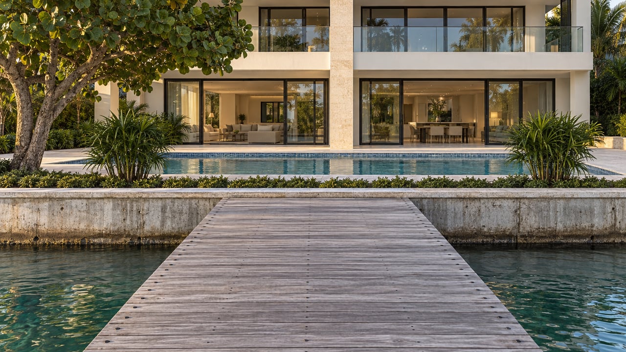 Hardwood dock leads past a raised seawall and pool terrace to a two-story waterfront residence.