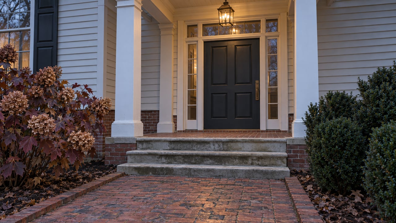 An ivory clapboard home's sheltered entry at blue hour, with worn brick paving, limestone steps, paired porch columns and winter planting.