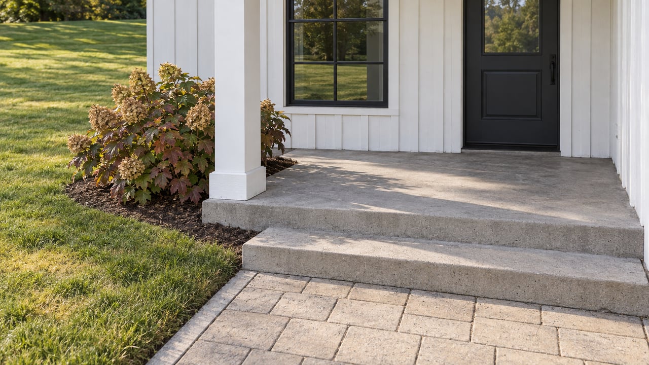 White board-and-batten porch with a dark glazed door, concrete steps, paver approach and burgundy oakleaf hydrangea beside an autumn lawn.